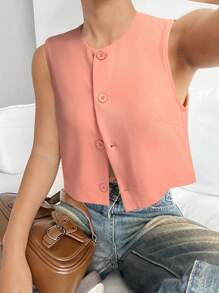 SHEIN EZwear Women's Simple Solid Color Front Button Round Neck Vest, Summer