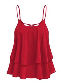 SHEIN Clasi Chiffon Double Layer Cross Back Slim Camisole - Red - View 8