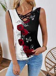 SHEIN LUNE Women Casual Tie-Up Rose Flower Print Tank Top, Suitable For Leisure And Commute - Black - View 4