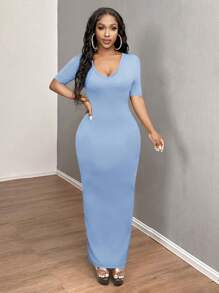 SHEIN SXY 女式纯色 V 领修身短袖连衣裙 Hoco Dresses - 淺藍色 - 查看 6