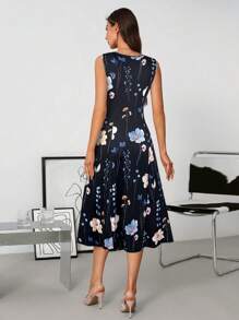 SHEIN Clasi Women's Elegant Black Floral Print Midi Dress With Round Neck And Short Sleeves