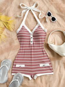 Soleia Bộ đồ liền thân hở lưng họa tiết sọc đỏ trắng cổ điển cỡ lớn có khóa kim loại hình trái tim - Nhiều màu - Xem 5