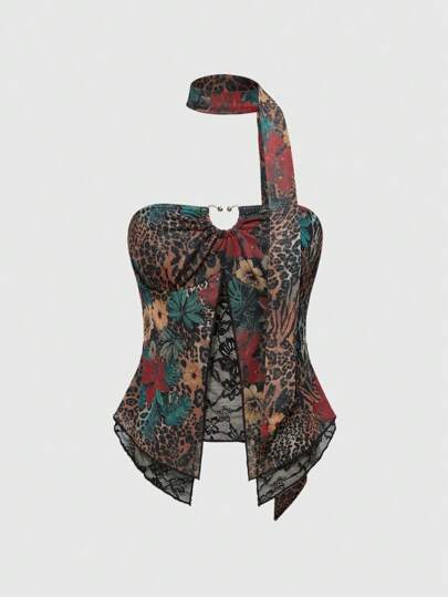 Hippie Women Vintage Leopard & Floral Print Patchwork Lace Trim Asymmetric Hem Camisole Top