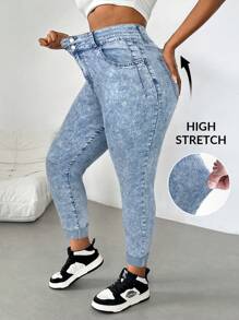 SHEIN EZwear Plus Size Blue Stretch Skinny Jeans, Winter High Waisted Summer Vacation Cowgirl Western Festival Y2k Cowboy Streetwear Gyaru 2000s Jeans - Blue - View 1