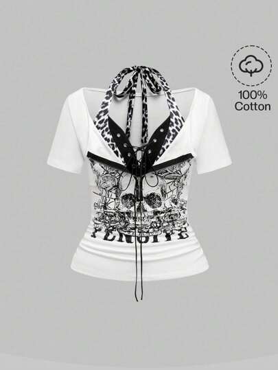 Grunge Punk Top ras-du-cou concert festival motif tête de mort crâne imprimée croix 2 en 1 motif léopard moulant pour femmes