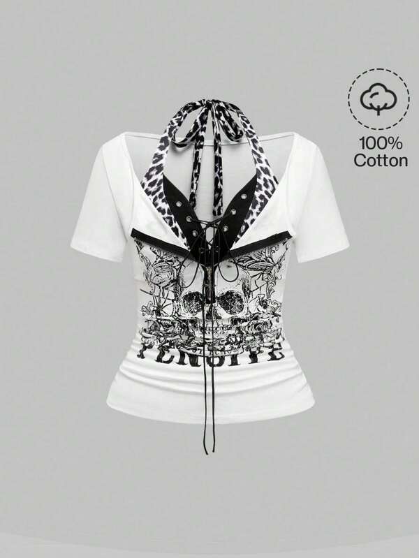 ROMWE Grunge Punk Cross Pendant Punk Skull Print 2 In 1 Leopard Pattern Bodycon T-Shirt For Women, Concert Festival Halter Top
