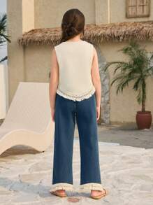 Tween Girl Textured Fabric Round Neck Sleeveless Tank Top & V-Neck Distressed Hem Pants 2 Pieces Set - Apricot - View 2