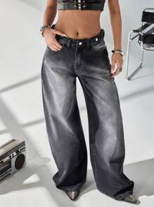 EURMUSE 腰带纽扣高腰阔腿牛仔裤