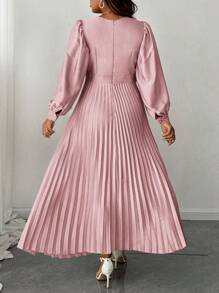 SHEIN Clasi Plus Size Women Elegant Solid Round Neck Ruffle Collar, Puff Sleeve, Pleated Hem Fashion Versatile Long Sleeve Dress, Autumn/Winter - Pink - View 2