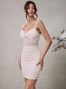 L'Amorae Elegant Romantic Bridal Wedding Party Lace Strap Ruched Mini Dress - Apricot - View 3