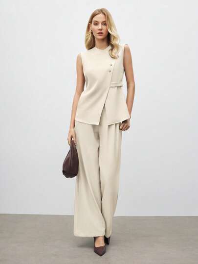 BizChic 2025 女式杏色圆领不对称剪裁斜襟树脂纽扣装饰下摆开衩腰带背心套装，浪漫优雅日常时尚商务休闲装，复古风格办公室女士休闲套装，教师制服