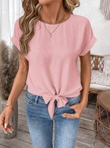 SHEIN LUNE Women's Casual Solid Color Tie-Up Short Sleeve Blouse, Basic Daily, Spring/Summer