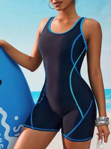 Swim SPRTY Women's Color Block Trim Scoop Neck One-Piece Swimsuit, Sporty Style For Summer Beach Vacation - Royal Blue - View 5
