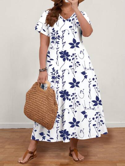 EMERY ROSE Plus Size Women Floral Print V-Neck Short Sleeve Dress, Casual Style Suitable For Summer Boho Suitable For Going Out Chic Dress