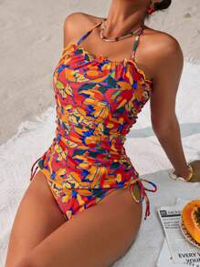 Swim Lushoire Women's Plant Print Ruffled Bandeau Crop Top And Triangle Brief Tankini Set For Summer Beach Vacation - Multicolor - View 3