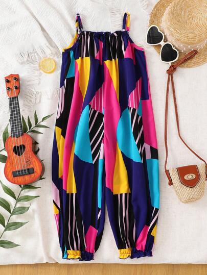 Young Girl Vacation Casual Fashion Ditsy Floral Sleeveless Jumpsuit