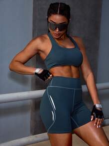 Powerista Women's Summer Racerback Tank Top And Shorts Sports Set With Contrast Color - Dark Green - View 3