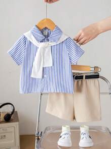 SHEIN 4pcs Summer Set Baby Boy Striped Short Sleeve Shirt, Elastic Waist White Shorts, Shawl, Gentleman Outfit With Belt, Suitable For Birthday Party, Evening, Performance, Wedding, Baby Shower, 1st Birthday - Multicolor - View 3