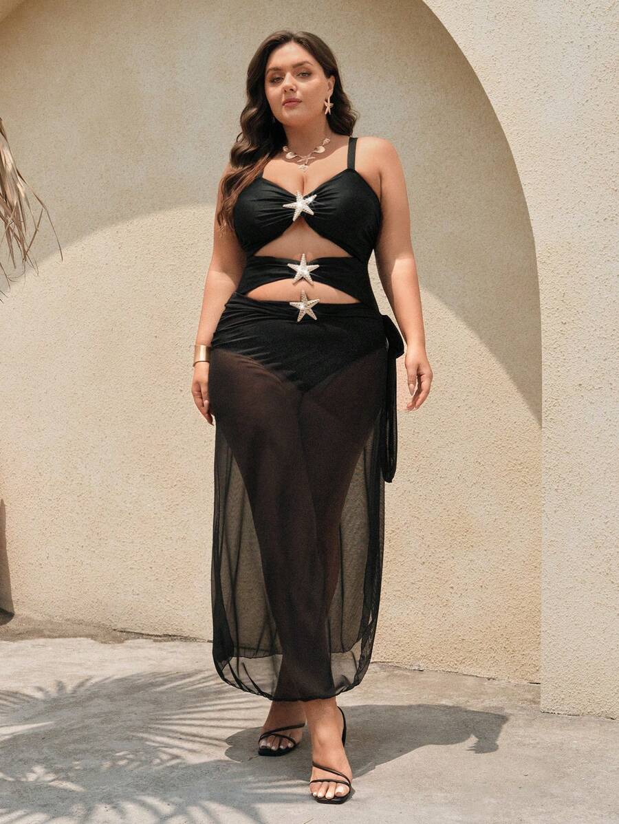 Swim Oasis 2pcs/Set Plus Size Women's Black Hollow Out Personalized Swimwear With Skirt Coverup, Fashionable Casual Holiday Swimwear Set For Summer Beach Vacation - Black - View 1