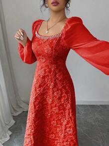 Modelyn Váy chữ A tay bèo nhún vải chiffon chắp vá jacquard dành cho nữ - Đỏ - Xem 3