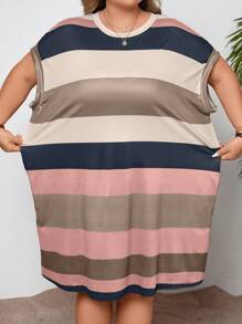 SHEIN CURVE+ Plus Size Women's Casual Striped Color-Block Pattern Round Neck Midi Dress,Summer Outfits For Womenbeach Outfits For Woman/Beach Dress/Beach Vacation Outfits/Beach Essentials / Graduation/Tea Party Dress