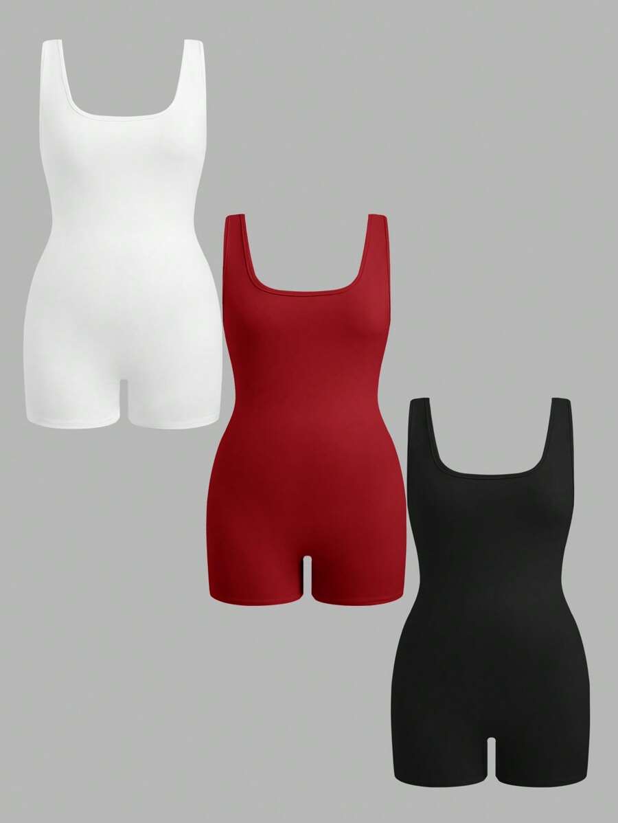 SHEIN EZwear 大码女式纯色休闲吊带背心和短裤三件套 - 紅色 - 查看 1