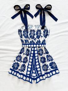 Soleia 休闲、度假、西部、海滩婚礼宾客、毕业典礼、早午餐、圣帕特里克节、春假、复活节、音乐节优雅的波西米亚热带蓝白花卉蝴蝶结肩带连体衣，适合春夏季 - 藍白色 - 查看 2