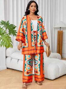 Lyxana 2pcs/Set Women's Summer Vacation Floral Print Shirt And Pants Set