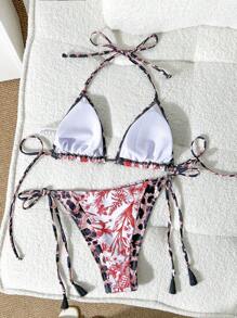 SHEIN Swim Conjunto de traje de baño para mujer con estampado de leopardo y de motivos botánicos