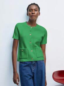 Maija 2025 秋季绿色针织优雅女式开衫，时尚日常休闲浪漫都市度假，适合外出、派对、婚礼宾客、老钱、波西米亚风、90 年代复古都市休闲外套 - 綠色 - 查看 6