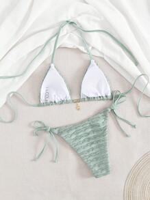 Swim Vcay 2pcs Women's Solid Color Textured Fabric Spring/Summer Tie-Front Strapless Metal Starfish Decor Blue Bikini Swimsuit Set