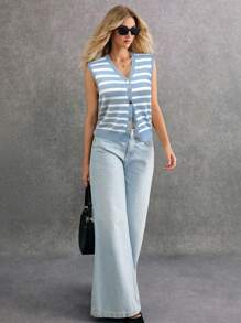 Poéselle 女士休闲条纹无袖开衫毛衣女士条纹开衫轻松时尚必备 - 藍色 - 查看 3