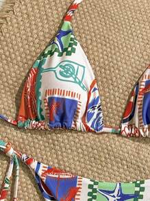 Soleia Swimsuits Bathing Suits For Women Beach Outfits For Woman Vacation Outfits Women Women Summer Clothes Rave Outfits Festival Beach Outfits  Bikini Set Women's Coconut Tree & Island Print Halter Neck Tie Bikini Set For Beach - Multicolor - View 3