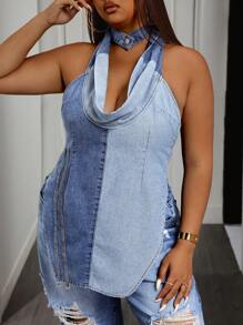 SHEIN SXY Plus Size Women's V-Neck Open Back Denim Halter Top - Multicolor - View 3