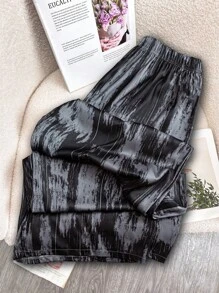 SHEIN LUNE Plus Size Women's Ink Print Satin Loose Pants Fall Cloth For Women - Black - View 2