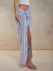 COSMINA Women's Blue And White Striped Vacation Cover Up, Woven Fabric, Long, Split Thigh Detail, Sarong - Blue and White - View 6