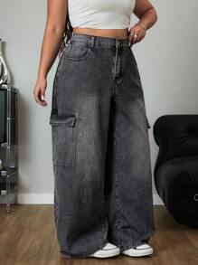 SHEIN ICON Jeans Vaqueros Cargo Casuales Holgados de Pierna Ancha y Versátiles para Mujer de Talla Grande