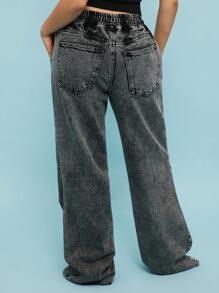 SHEIN Unity 抽绳酸洗锥形紧身牛仔裤休闲街头潮流宽松牛仔裤女式牛仔裤套装 - 黑色 - 查看 2