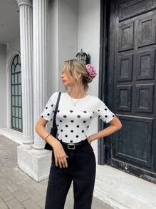 Pariaura Maglietta a maniche corte con schiena aperta, stile francese a pois, per donna, primavera/estate