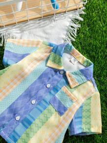 SHEIN 2pcs Baby Boy Cute Summer Casual Holiday Striped Short Sleeve Shirt And Elastic Waist Shorts Outfit Set - Multicolor - View 6