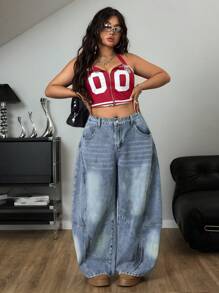 SHEIN ICON Plus Size Women Casual Distressed Loose Side Pocket Denim Jeans