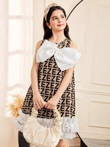 SHEIN Tween Girl Loose Casual Minimalist Round Neck Sleeveless Color Block Bow Ruffle Hem Dress - Khaki - View 3