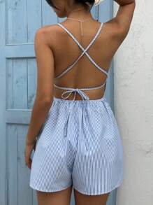 SHEIN EZwear Bộ đồ liền thân sọc hở lưng giản dị cho kỳ nghỉ hè của phụ nữ - Xanh và trắng - Xem 2
