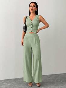 SHEIN PETITE Women's Casual Two-Piece Outfit: Mint Green Woven Fabric V-Neck Sleeveless Crop Top And Wide-Leg Pants Set With Pockets - Mint Green - View 7