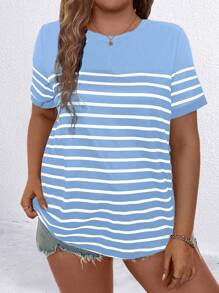 Camiseta casual de verano con estampado de rayas, cuello redondo y manga corta para mujer de talla grande - Azul - Ver 4