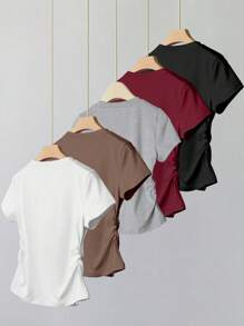 SHEIN Explorewe Set da 5 magliette a maniche corte di colore unito con vita segnata, casual, per ragazze adolescenti - Multicolore - Visualizzare 2