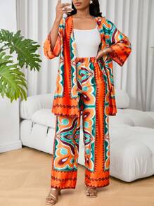 Lyxana 2pcs/Set Women's Summer Vacation Floral Print Shirt And Pants Set