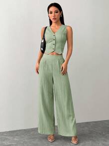 SHEIN PETITE Women's Casual Two-Piece Outfit: Mint Green Woven Fabric V-Neck Sleeveless Crop Top And Wide-Leg Pants Set With Pockets - Mint Green - View 6