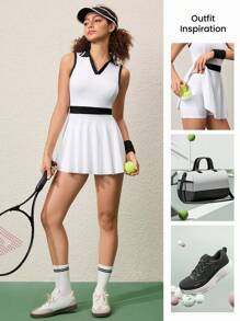 CourtClass Color-Block Sleeveless Collared Camisole Shorts Sports Dress Athletic Dress