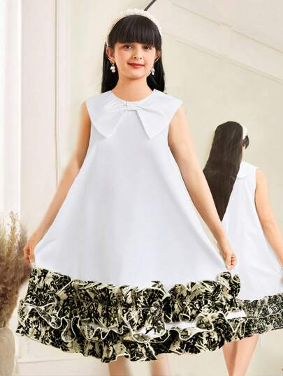 SHEIN Tween Girl Loose Casual Comfortable Bowknot Frill Hem Dress